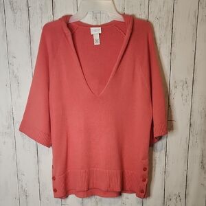 🎅Chico's Zenergy Pink V-Neck Sweater with Button Accents & Hood Size 1